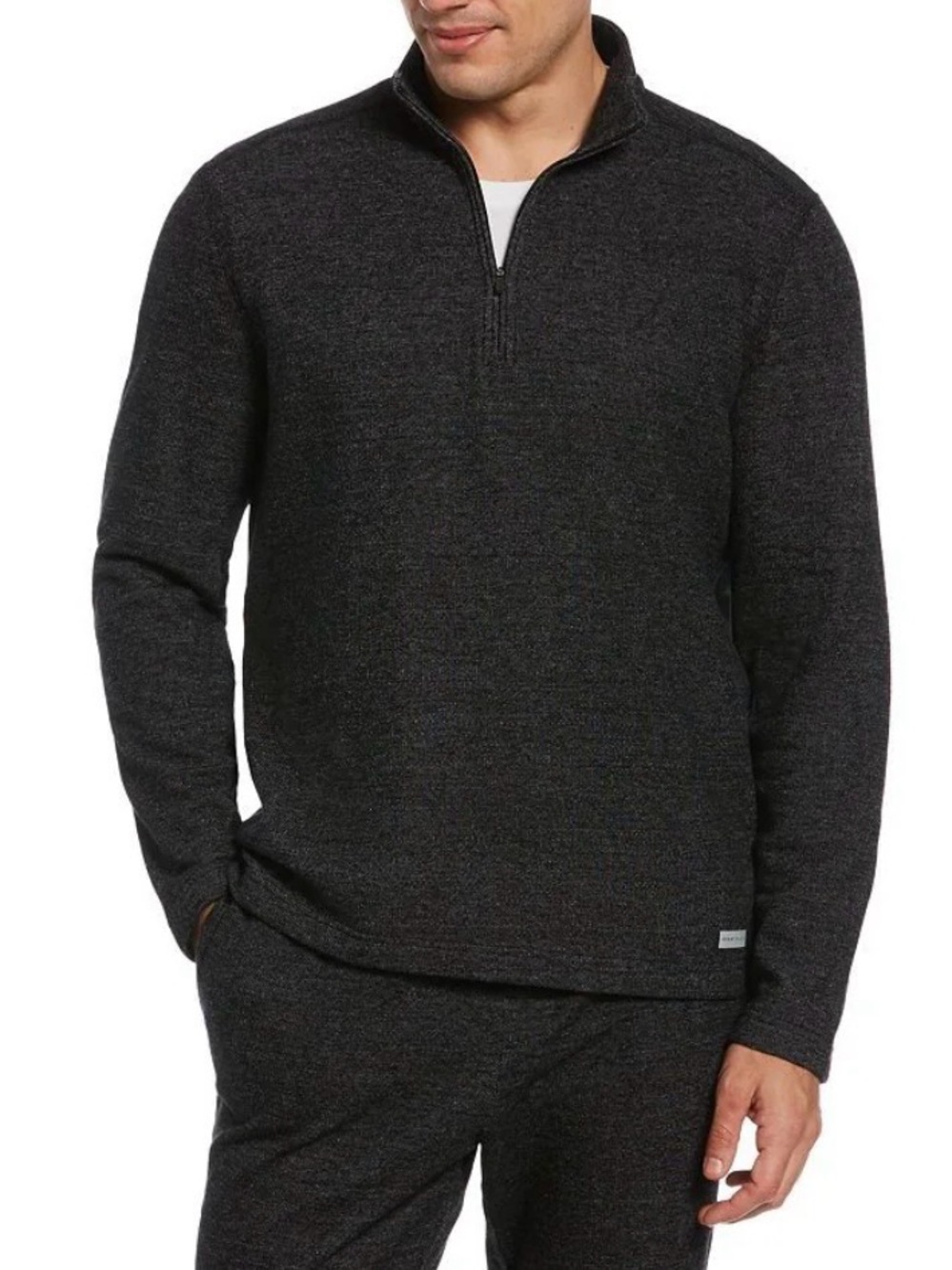 Perry Ellis Men’s Large Portfolio Quarter Zip Heathered Textured Knit Black Gray